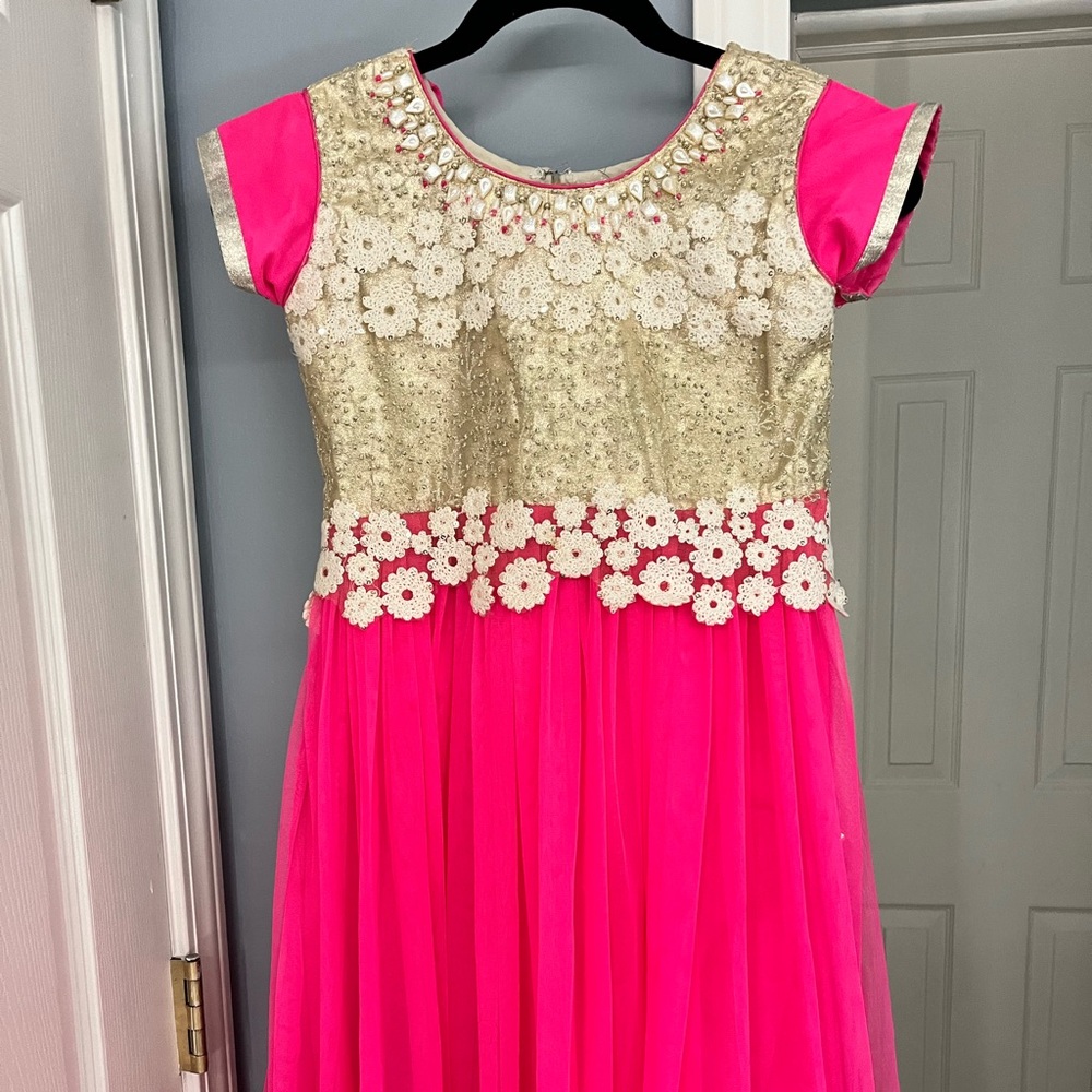 3 piece pink and gold flowered Indian dress with beautiful detailing.